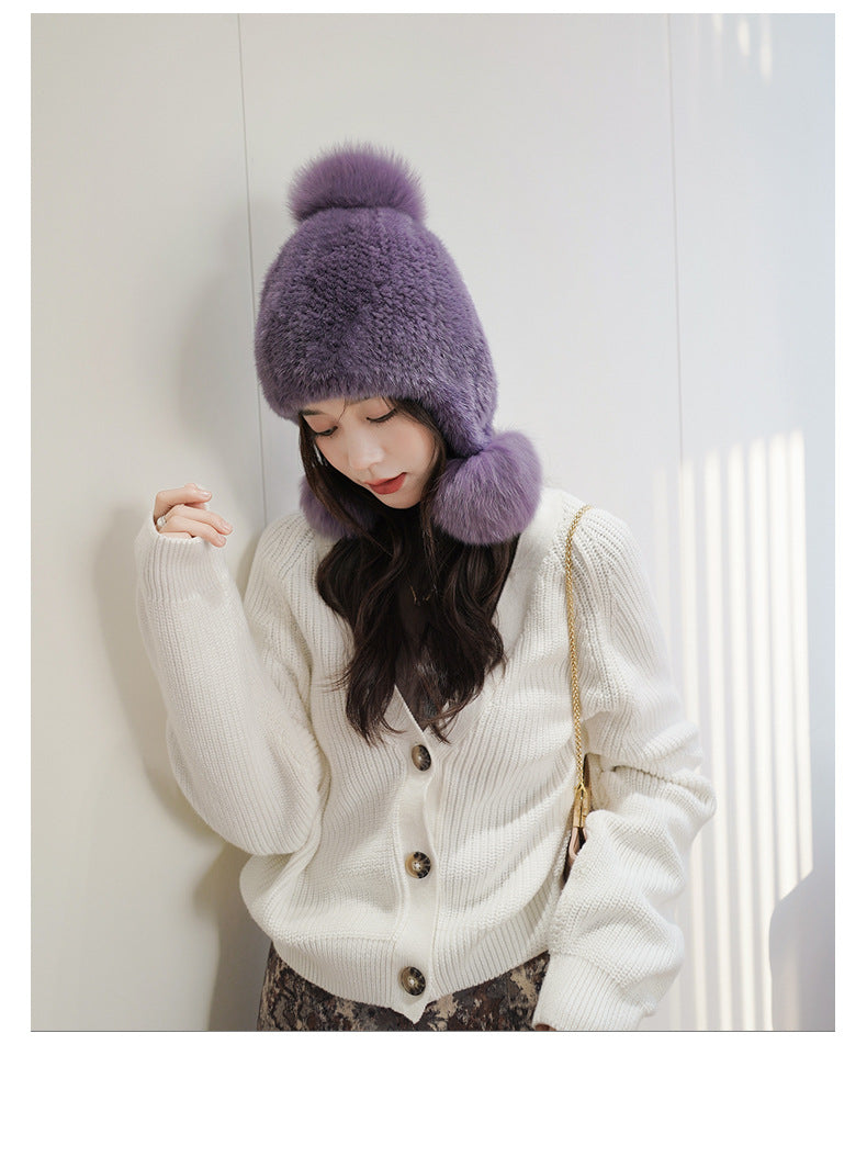 Warm Mink Fur Hat with Fox Fur Pom Pom - Winter Accessory