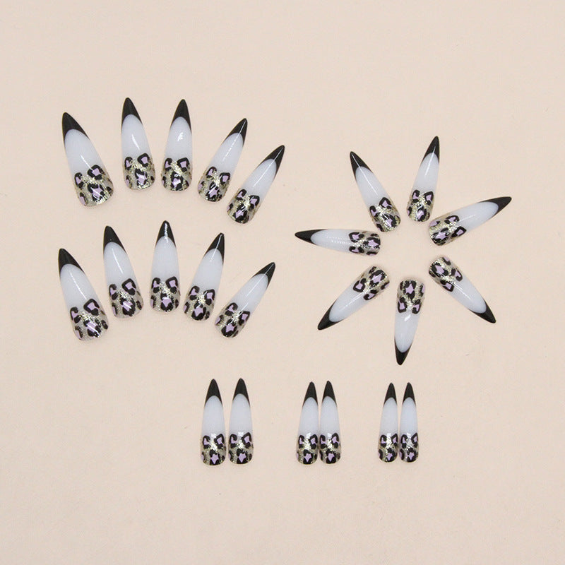 Long Pointed Black French Leopard Glitter Nails Euro Chic Ins Style Sweet Cool-homeunderwear