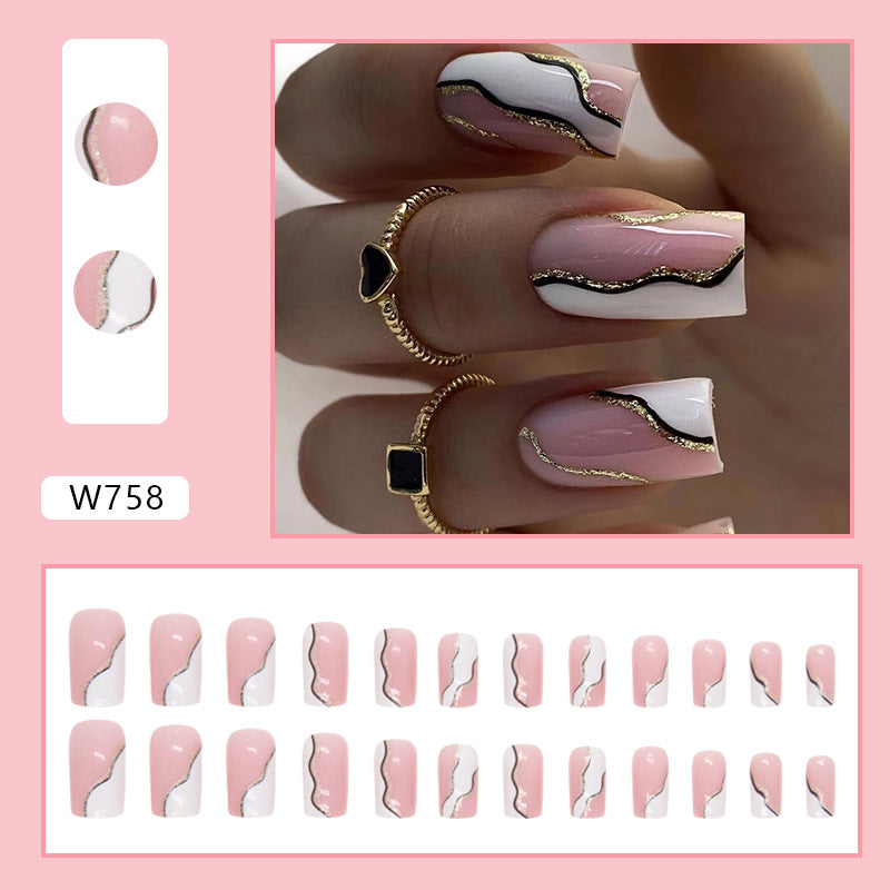 Simple White Irregular Wave Black Lines Gold Powder Euro Square Nails-homeunderwear