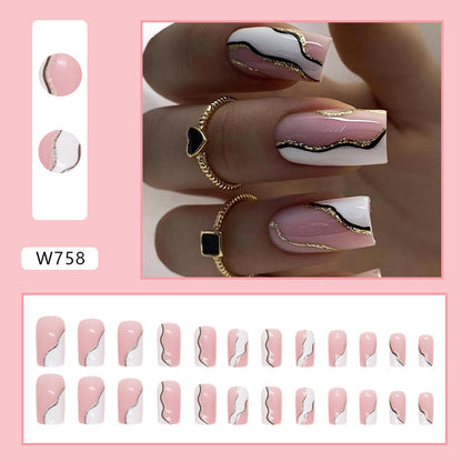 Simple White Irregular Wave Black Lines Gold Powder Euro Square Nails-homeunderwear