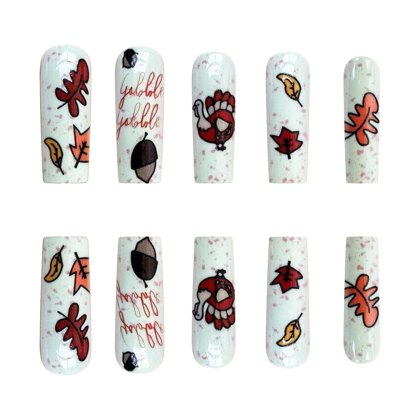 Thanksgiving Nails with Maple Leaf, Acorn, and Turkey Designs