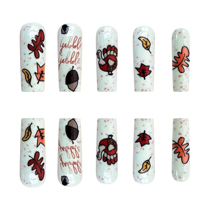 Thanksgiving Nails with Maple Leaf, Acorn, and Turkey Designs