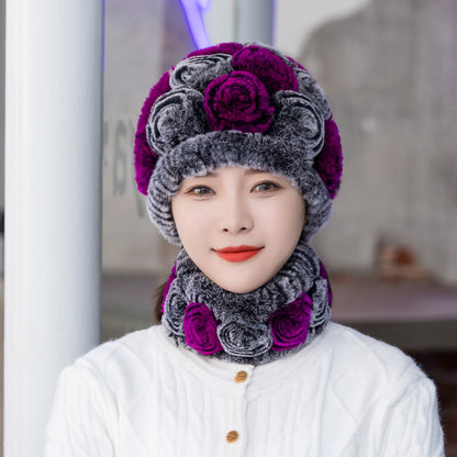 Warm Real Rabbit Fur Ear Flap Hat & Scarf Set