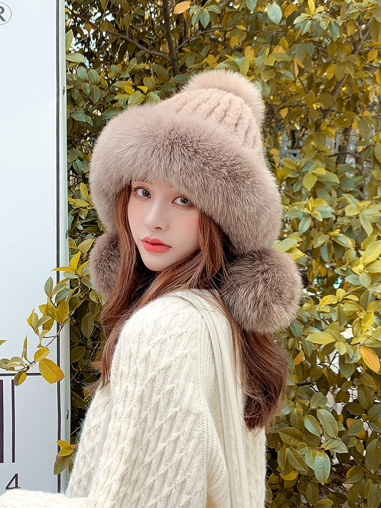 Cute Fox Fur Pom Pom Hat - Women's Winter Ear Flap Hat