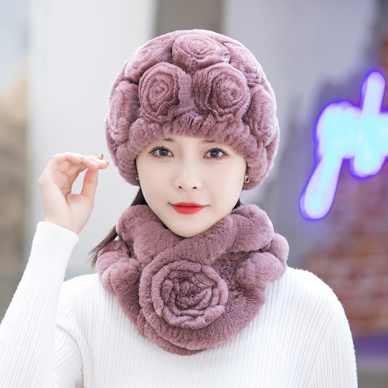 Winter Rex Rabbit Fur Ear Flap Hat & Scarf Set