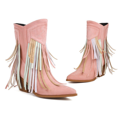 Embroidered Suede Ankle Tassel Accents and Contrast Colors Boots-Homeunderwear