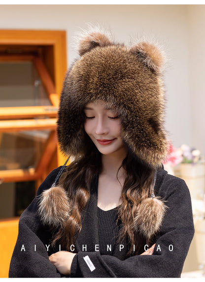 Warm Raccoon Fur Ear Flap Hat - Unisex Winter Accessory