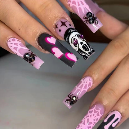 Spooky Fall Nails: Diamond-Accent Long Waterpipe Nail Tips with Heart, Spider, Skull Designs