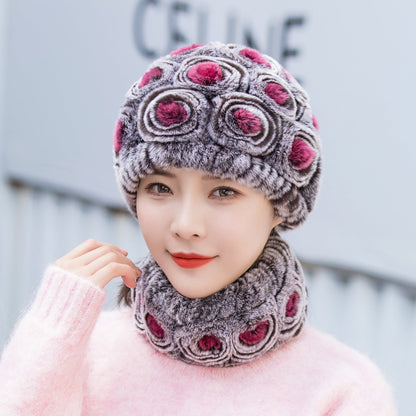 Warm Real Rabbit Fur Ear Flap Hat & Scarf Set