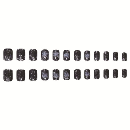 New Year Fireworks Short Square Shiny Silver Black Pink Nail Tips