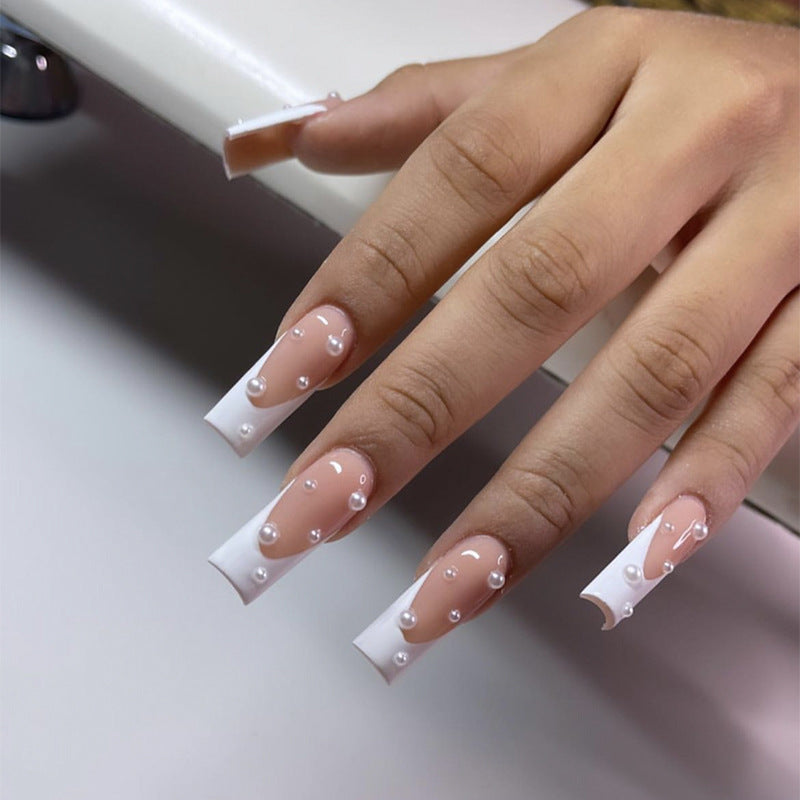 Long Square French Nail Extensions with Pearl Accents