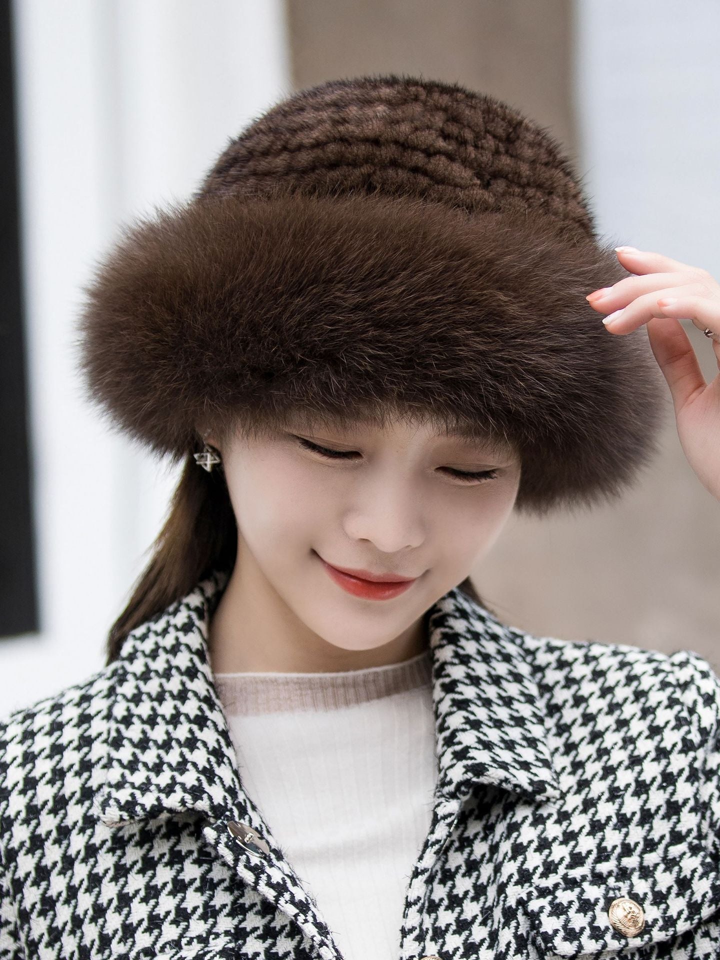 Warm Mink Fur Hat with Fox Pom Pom - Ear Flap Design