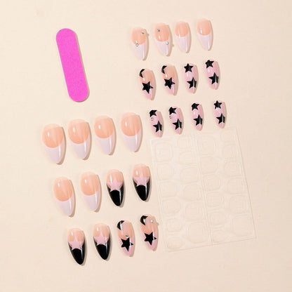 New Arrival Almond Shaped Black White French Pink Star Detachable Fake Nails-homeunderwear