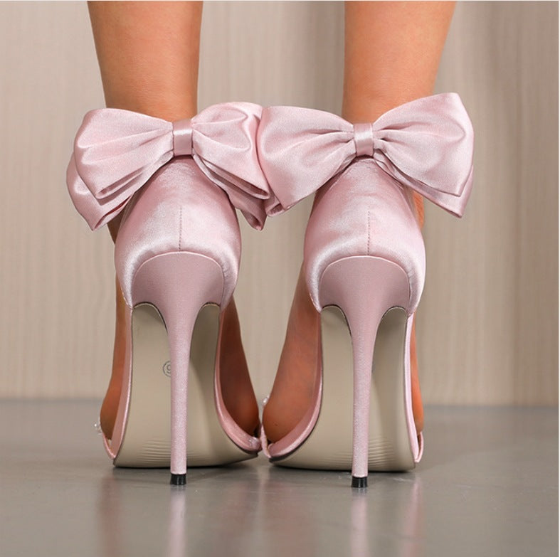 Chic Pearl Bow One-Strap Stiletto Sandals-Homeunderwear