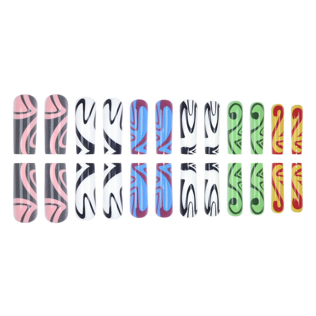 24-Piece Long Graffiti Geometric Nail Extensions, Detachable