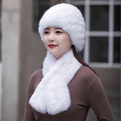 Warm Snow Rabbit Fur Ear Flap Hat & Scarf Set