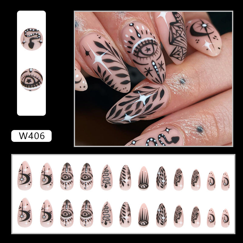 Almond Nails Black Totem Wearable Big Eye Diamond Moon Euro Halloween Ins Style