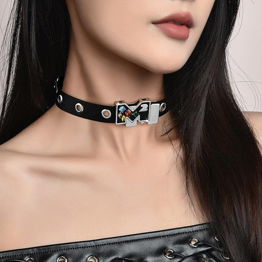 Colored Stone Leather Head Fashion Choker