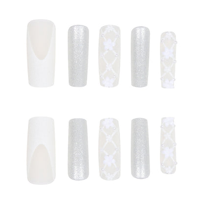 Long Bridal Nail Tips with Pearl and Glitter