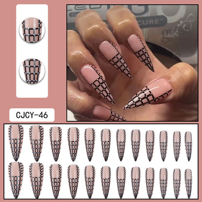 Long Pointed Chessboard Glitter Nail Extensions