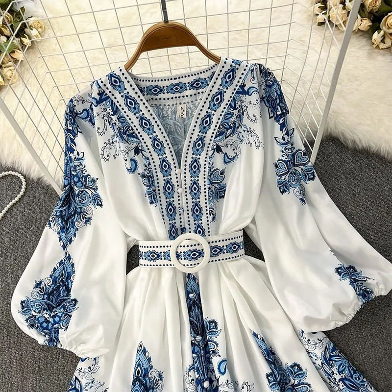 Women's Fashion V-Neck Long Sleeve Floral Print Maxi Dress