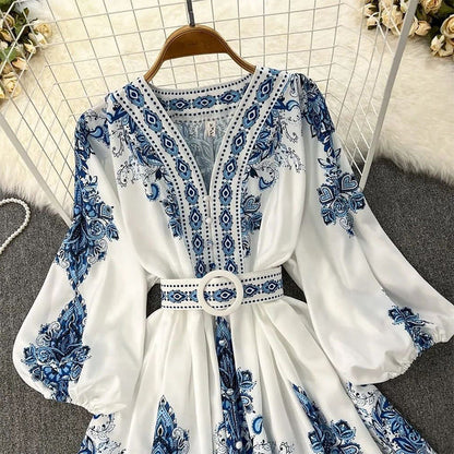 Women's Fashion V-Neck Long Sleeve Floral Print Maxi Dress