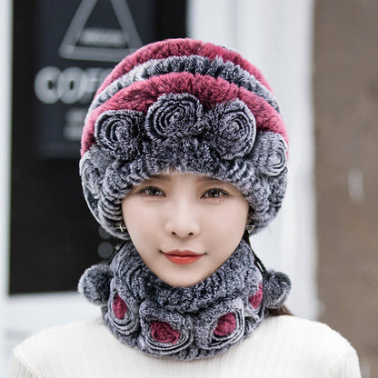 Warm Real Rabbit Fur Ear Flap Hat & Scarf Set