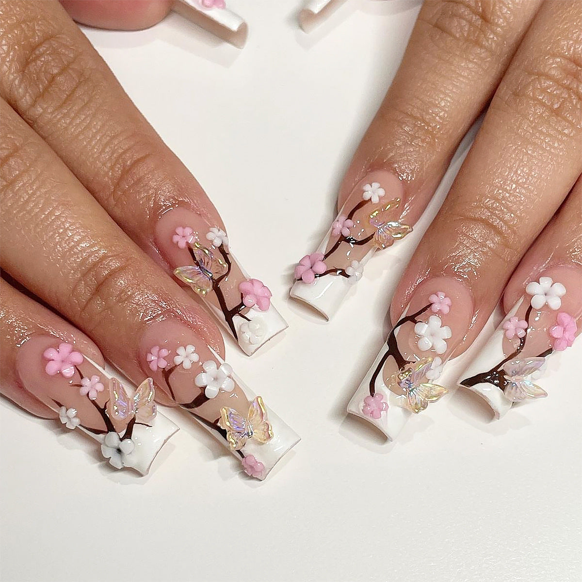 Long Chinese Style Plum Blossom Butterfly Nail Tips