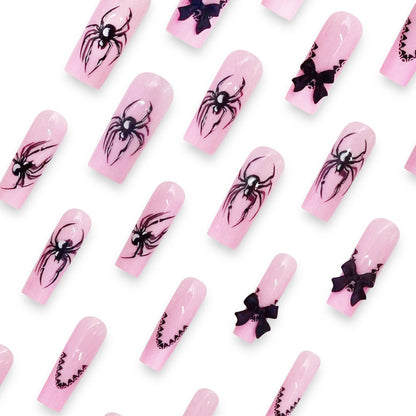 Pink Transparent Long Waterline Black Widow Spider French Nail Tips