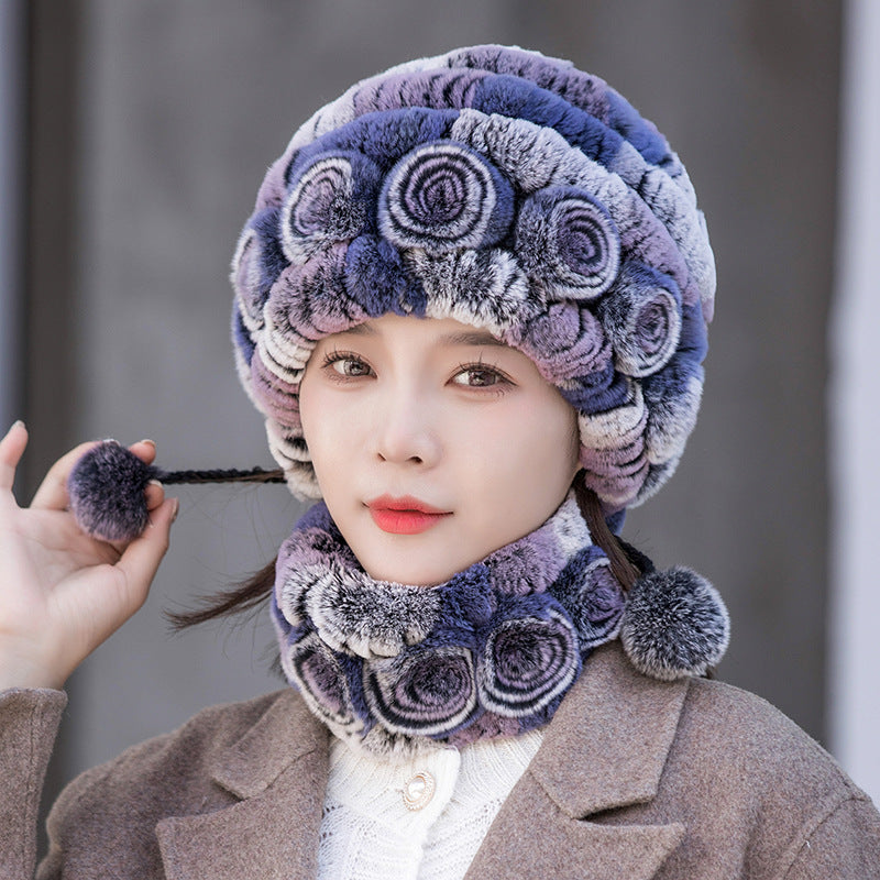 Warm Real Rabbit Fur Ear Flap Hat & Scarf Set