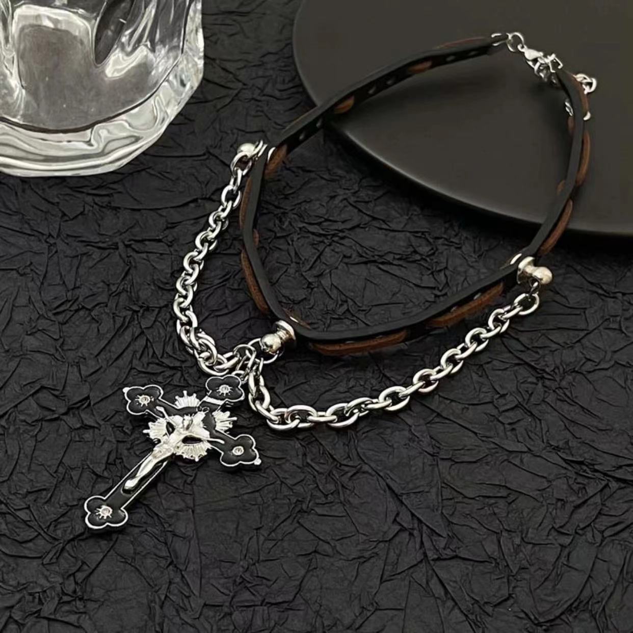 Dark Cross Leather Cord Choker