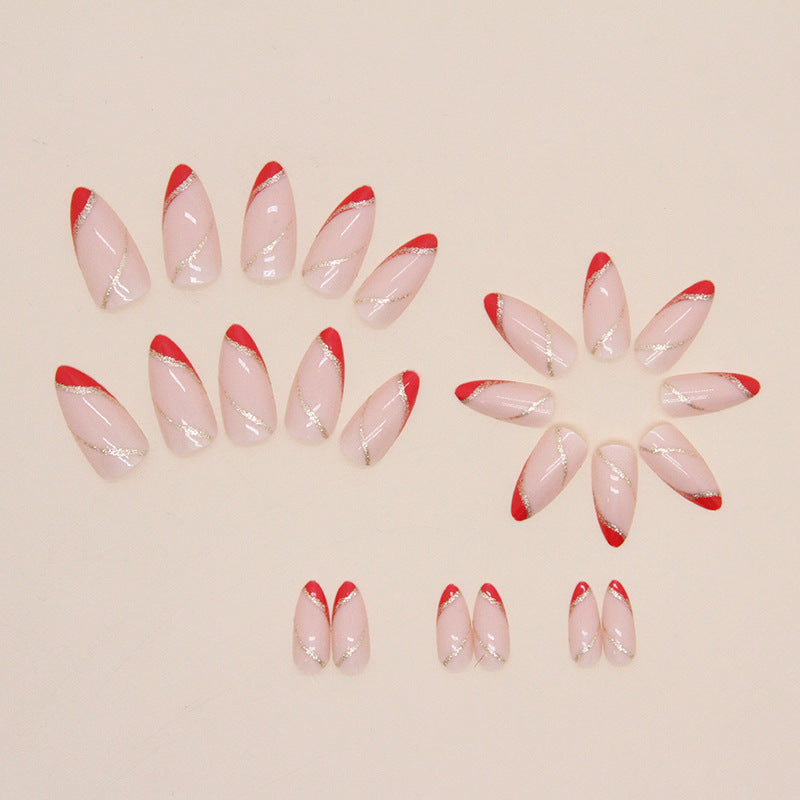 Almond Round Nails Glitter Wave Red Triangle French Bridal Festival Wearable Nails