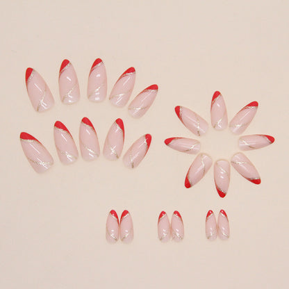 Almond Round Nails Glitter Wave Red Triangle French Bridal Festival Wearable Nails