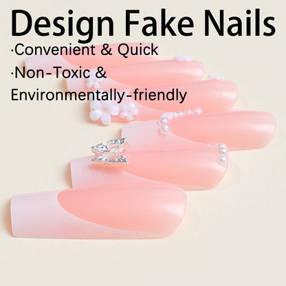 Long Water Pipe Nails with Pearl, Flower, and Butterfly