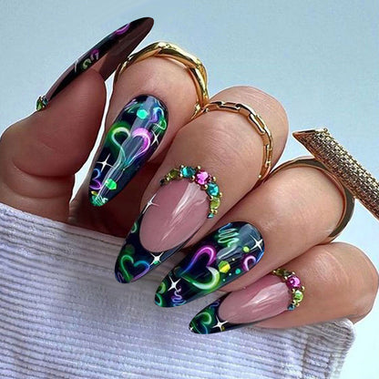 New FashionDark Colored Heart Diamond Almond Nail Tips