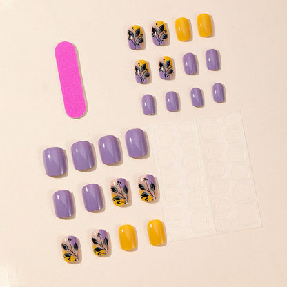 Spring Summer Purple Yellow Floral Print Detachable Fake Nails-homeunderwear