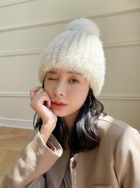 Versatile Mink Fur Knit Winter Hat with Fox Pom Pom