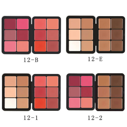 12-Color Blush Palette - Matte, Shimmer, Highlight, Conceal