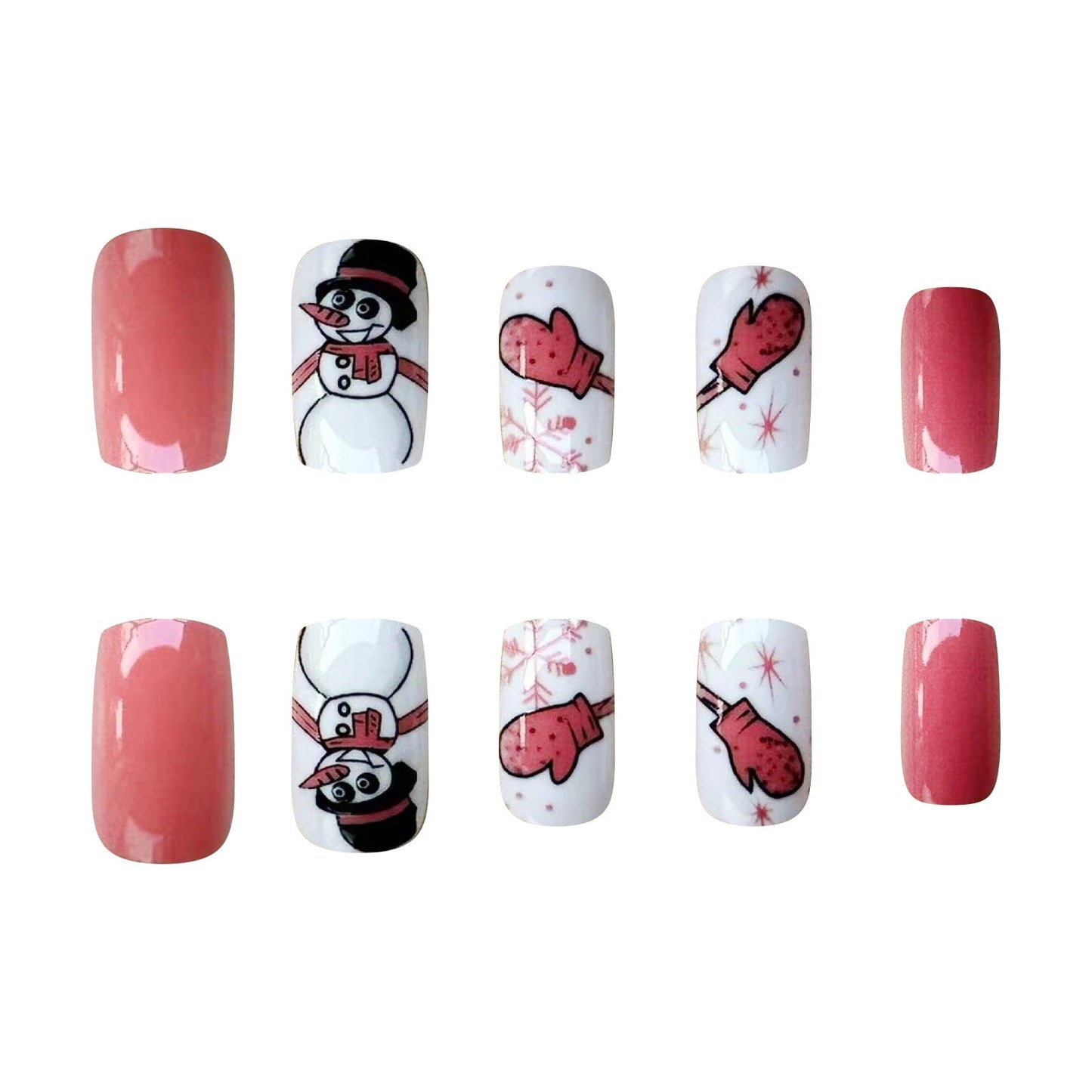 Winter Sweet Pink Short Square Nails with Snowmen and Snowflakes