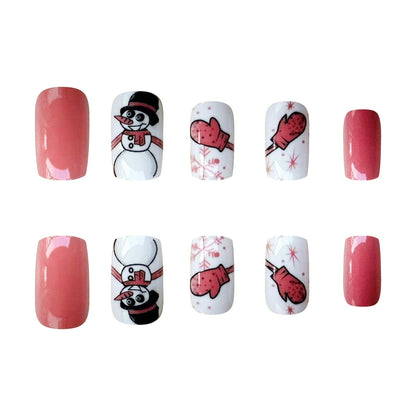 Winter Sweet Pink Short Square Nails with Snowmen and Snowflakes