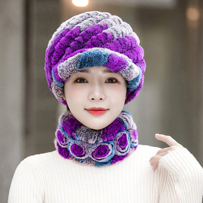 Warm Real Rabbit Fur Cap & Scarf Set - Stylish Winter Wear