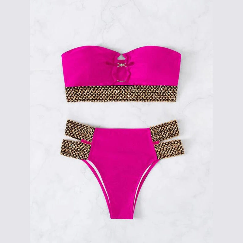 Golden Sequin High-Waisted Bikini Set Swimsuit