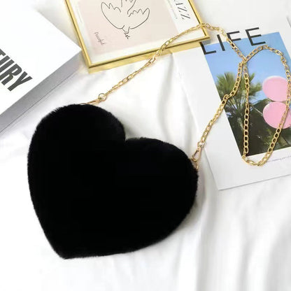 Fashionable Faux Fur Heart-Shaped Chain Crossbody Bag