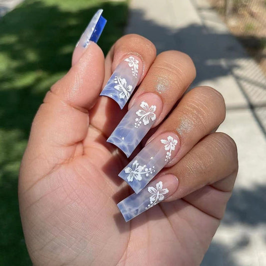 Summer Sea Blue Wave Gradient Square Nails - White Flowers (Wholesale 24-Piece)