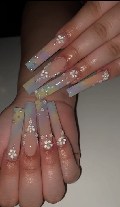 Long Ombre Gradient Nails with White Flowers and Pearls