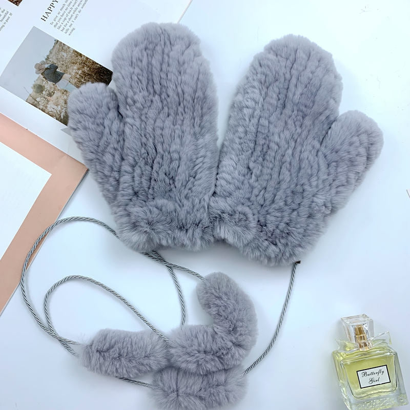 Cute Real Rabbit Fur Mittens - Winter Neck Strap Gloves"