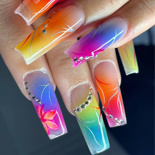 Rainbow Gradient Flower Diamond Nail Tips