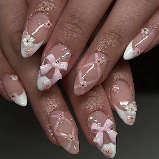 3D White Camellia French Nail Tips