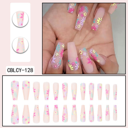 Long Ballet Nails with Multicolor Floral Prints