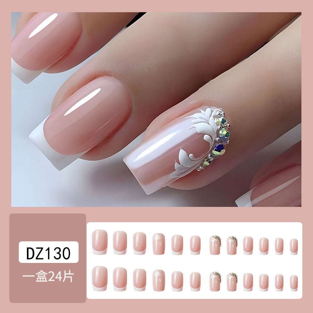 Simple French Handmade Nail Tips, Crystal Embellished